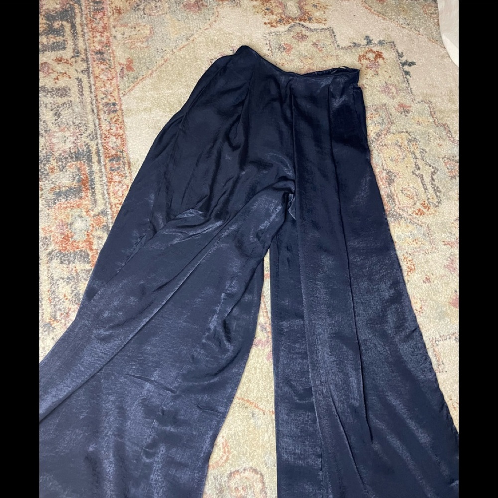 Silk navy palazzo pants with side slit detail